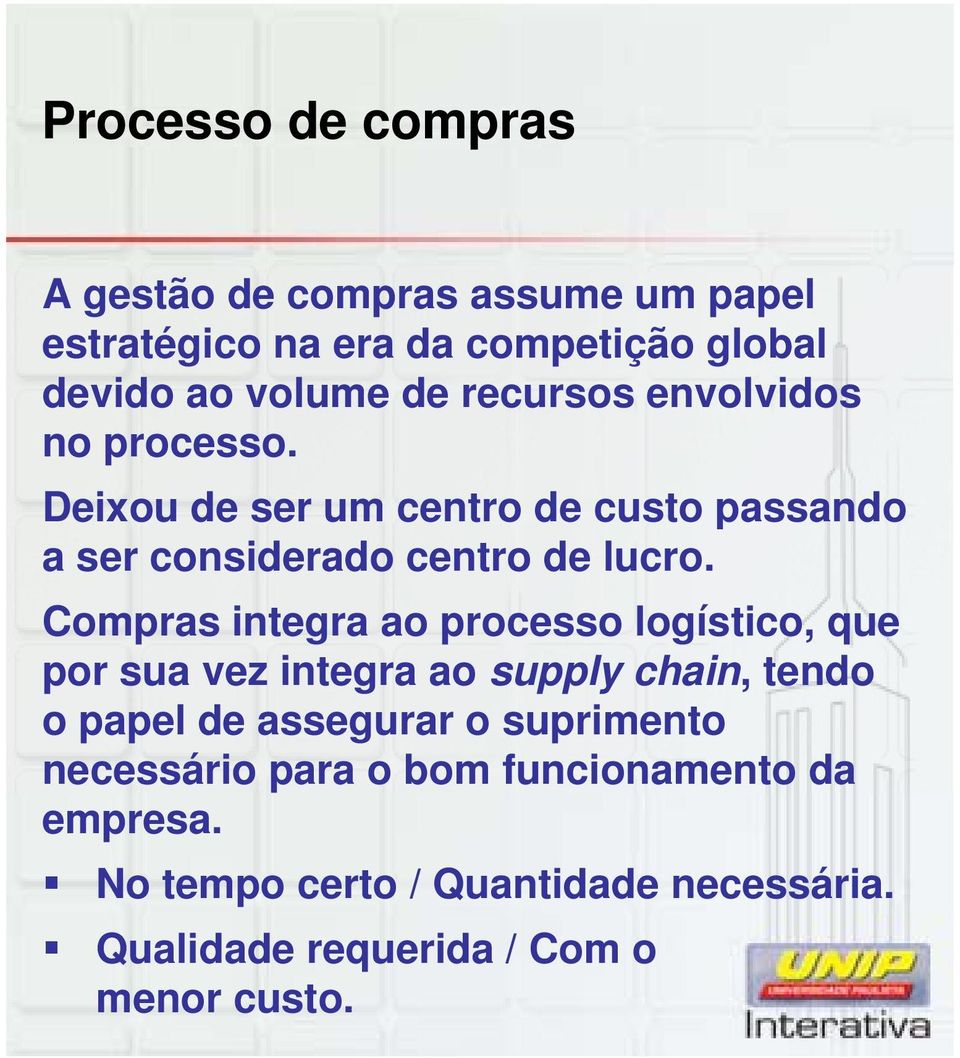 Compras integra ao processo logístico, que por sua vez integra ao supply chain, tendo o papel de assegurar o