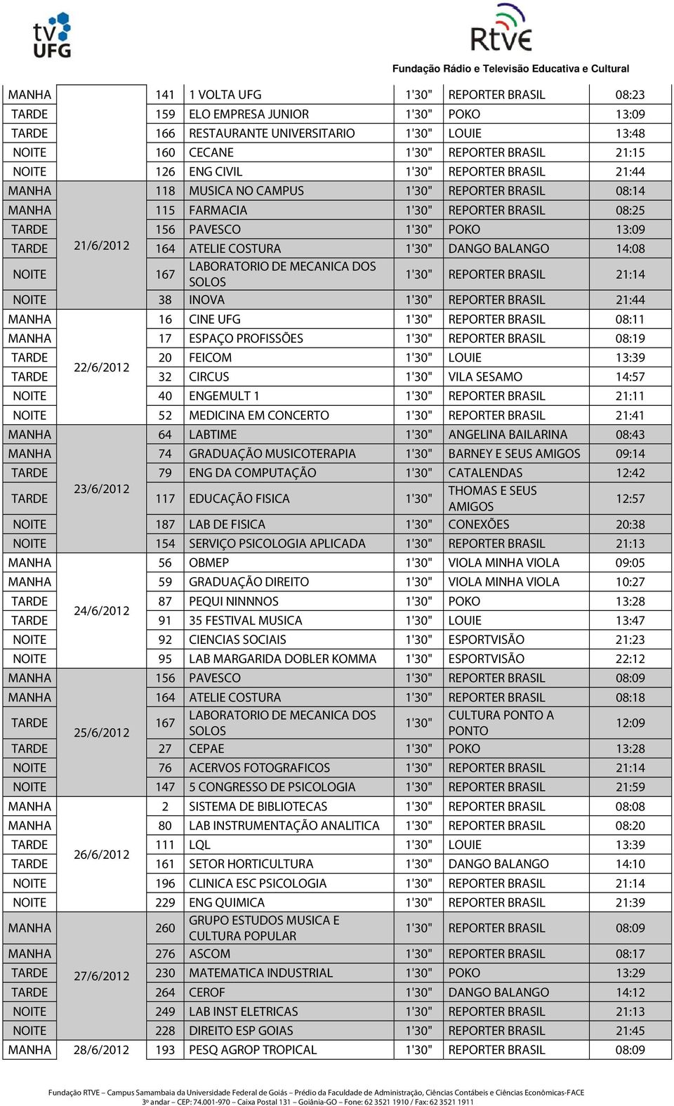 14:08 NOITE 167 LABORATORIO DE MECANICA DOS SOLOS 1'30" REPORTER BRASIL 21:14 NOITE 38 INOVA 1'30" REPORTER BRASIL 21:44 16 CINE UFG 1'30" REPORTER BRASIL 08:11 17 ESPAÇO PROFISSÕES 1'30" REPORTER