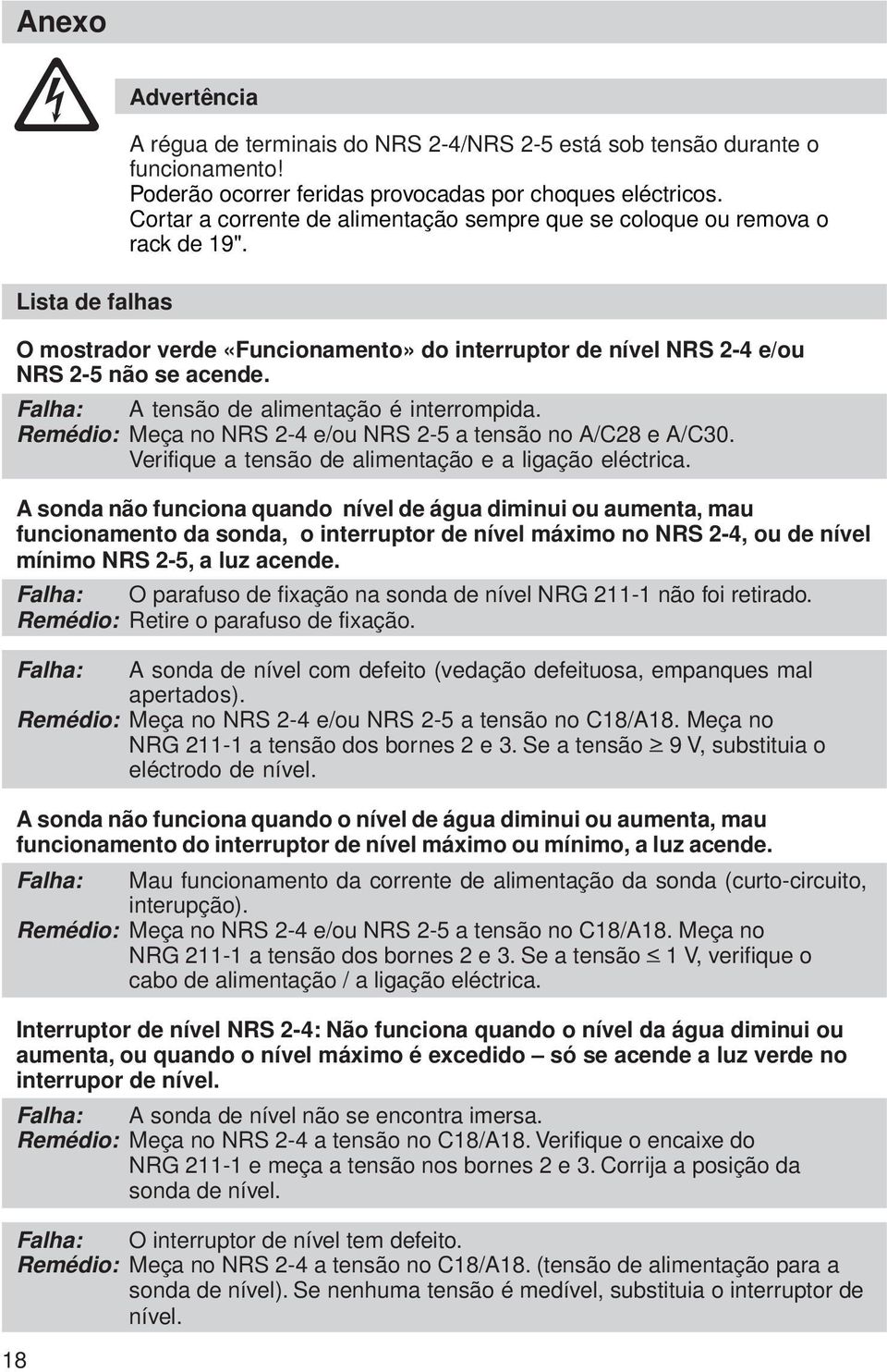 Falha: A tensão de alimentação é interrompida. Remédio: Meça no NRS 2-4 e/ou NRS 2-5 a tensão no A/C28 e A/C30. Verifique a tensão de alimentação e a ligação eléctrica.