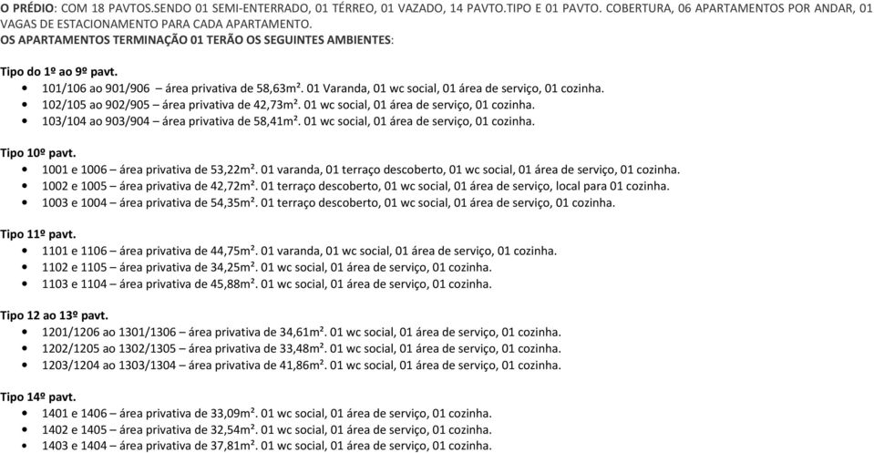 102/105 ao 902/905 área privativa de 42,73m². 01 wc social, 01 área de serviço, 01 cozinha. 103/104 ao 903/904 área privativa de 58,41m². 01 wc social, 01 área de serviço, 01 cozinha. Tipo 10º pavt.