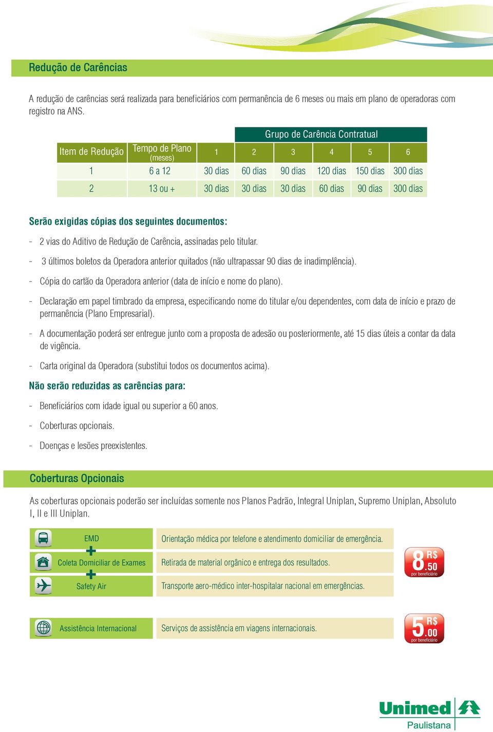 cópias dos seguintes documentos: - 2 vias do Aditivo de Redução de Carência, assinadas pelo titular. - 3 últimos boletos da Operadora anterior quitados (não ultrapassar 9 dias de inadimplência).