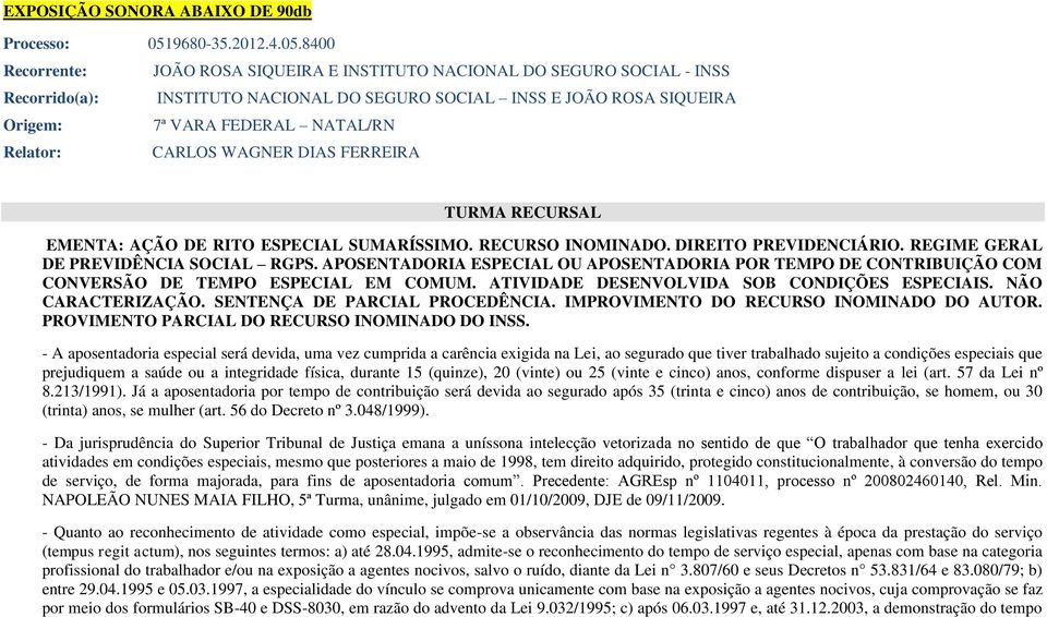 8400 Recorrente: JOÃO ROSA SIQUEIRA E INSTITUTO NACIONAL DO SEGURO SOCIAL - INSS Recorrido(a): INSTITUTO NACIONAL DO SEGURO SOCIAL INSS E JOÃO ROSA SIQUEIRA Origem: 7ª VARA FEDERAL NATAL/RN Relator: