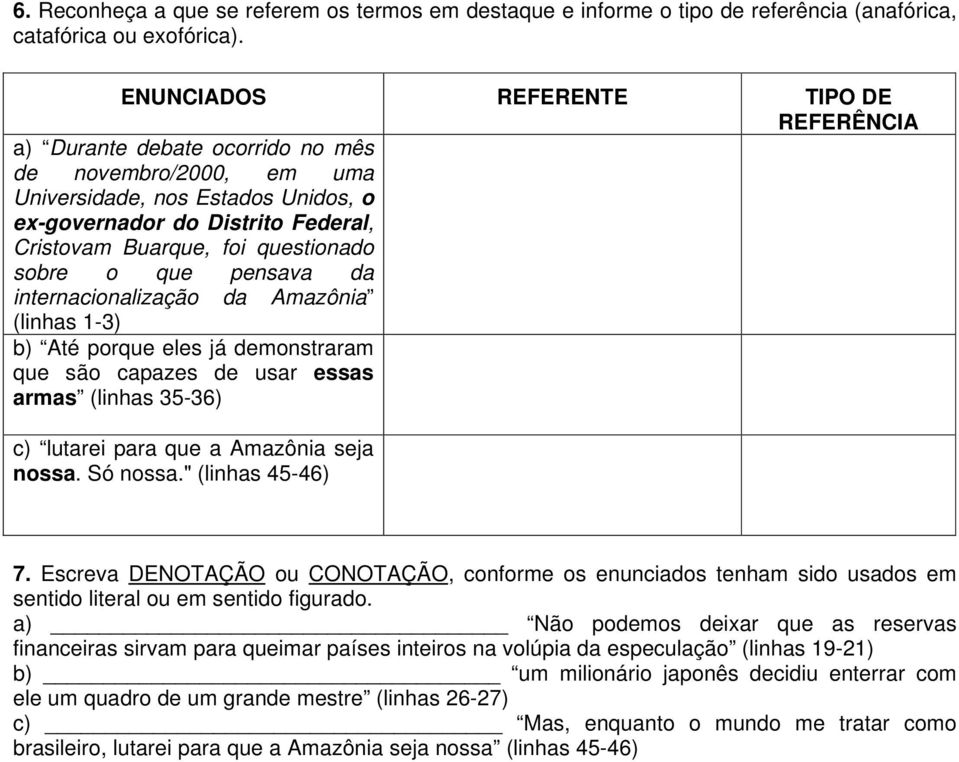 questionado sobre o que pensava da internacionalização da Amazônia (linhas 1-3) b) Até porque eles já demonstraram que são capazes de usar essas armas (linhas 35-36) c) lutarei para que a Amazônia