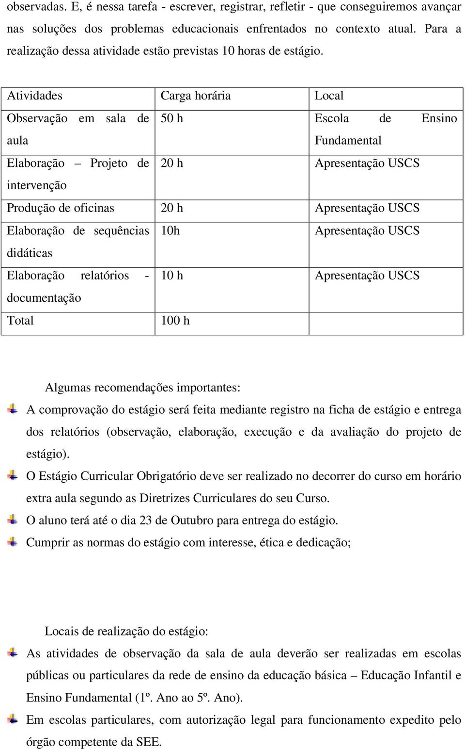 Atividades Carga horária Local Observação em sala de 50 h Escola de Ensino aula Fundamental Elaboração Projeto de 20 h Apresentação USCS intervenção Produção de oficinas 20 h Apresentação USCS