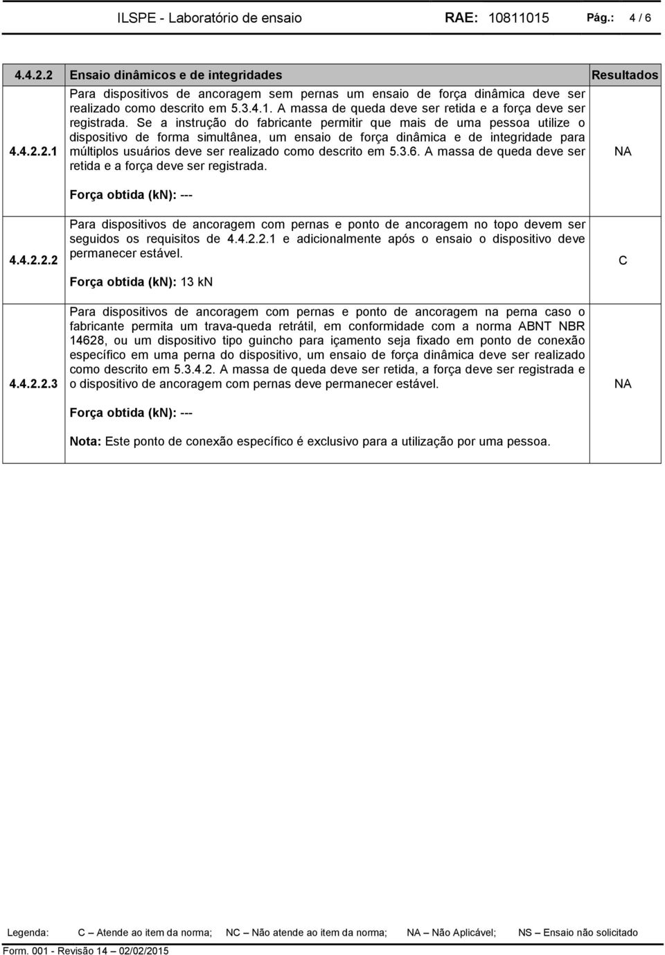 Se a instrução do fabricante permitir que mais de uma pessoa utilize o dispositivo de forma simultânea, um ensaio de força dinâmica e de integridade para múltiplos usuários deve ser realizado como