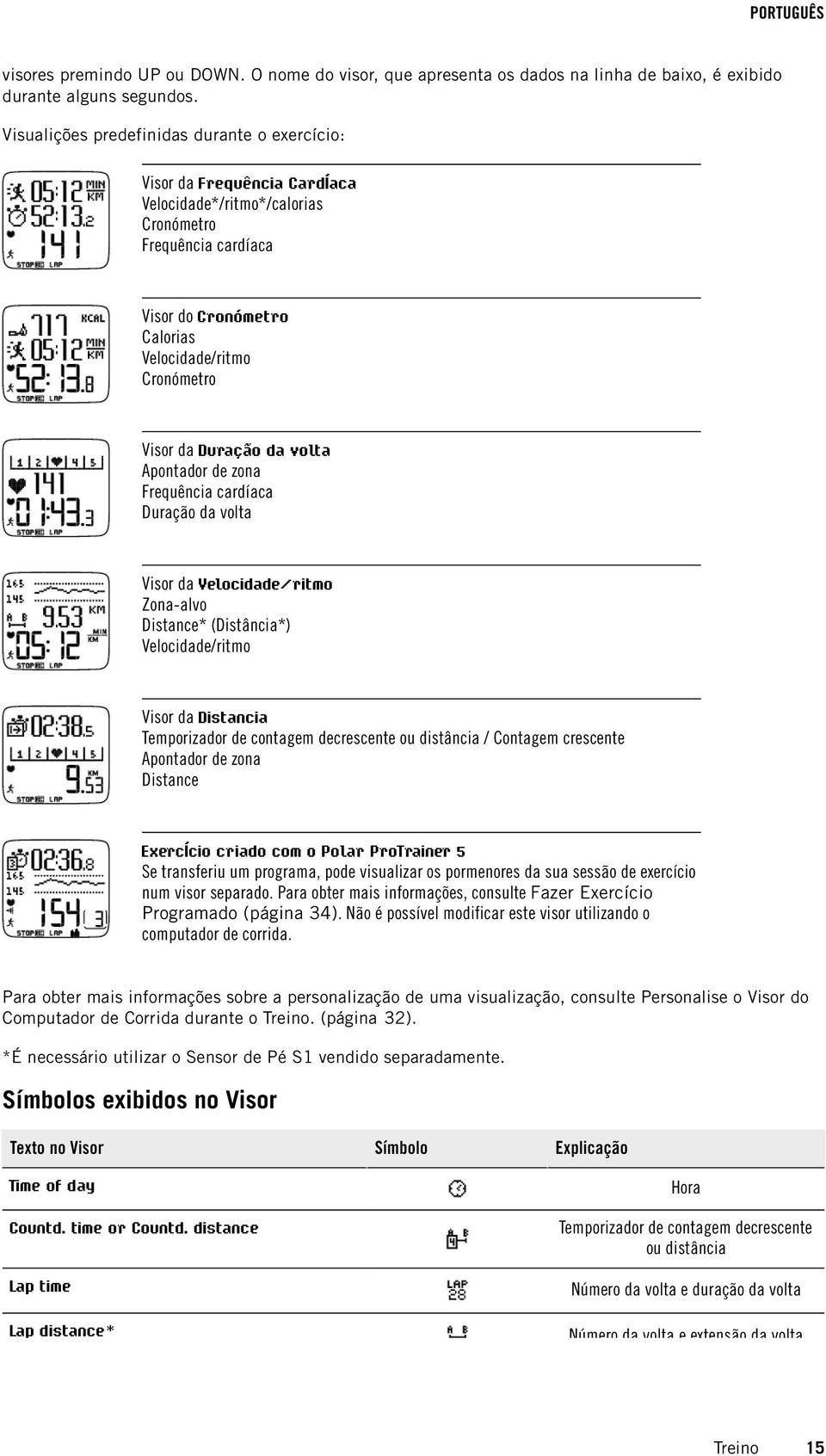 Duração da volta Apontador de zona Frequência cardíaca Duração da volta Visor da Velocidade/ritmo Zona-alvo Distance* (Distância*) Velocidade/ritmo Visor da Distância Temporizador de contagem