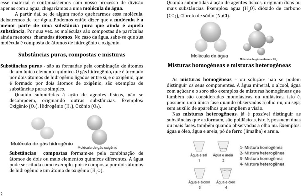 No caso da água, sabe-se que sua molécula é composta de átomos de hidrogênio e oxigênio. Quando submetidas à ação de agentes físicos, originam duas ou mais substâncias.