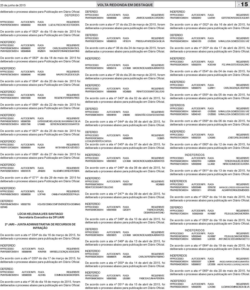 maio de 2015 foi PMVR/1953/CM/2014 M30615839 KWC8281 REGERIO FERREIRA PIRES De acordo com a ata nº 066ª do dia 22 de maio de 2015 foi PMVR/4556/CM/2013 M29987269 LNT6105MICHELI A DA SILVA A VIANNA E