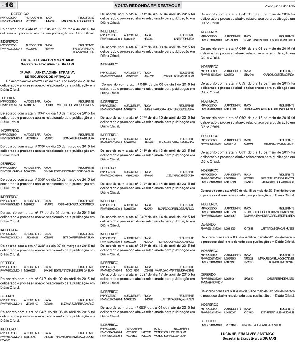 LPO6334 VALTER FROSSARD DE OLIVEIRA De acordo com a ata nº 034ª do dia 18 de março de 2015 foi PMVR/2208/CM/2014 M30611915 KZS9976 EVANDA FERREIRA DA SILVA De acordo com a ata nº 035ª do dia 20 de