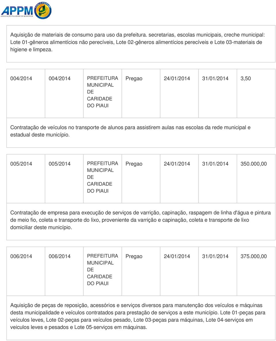 004/2014 004/2014 PREFEITURA CARIDA Pregao 24/01/2014 31/01/2014 3,50 Contratação de veículos no transporte de alunos para assistirem aulas nas escolas da rede municipal e estadual deste município.