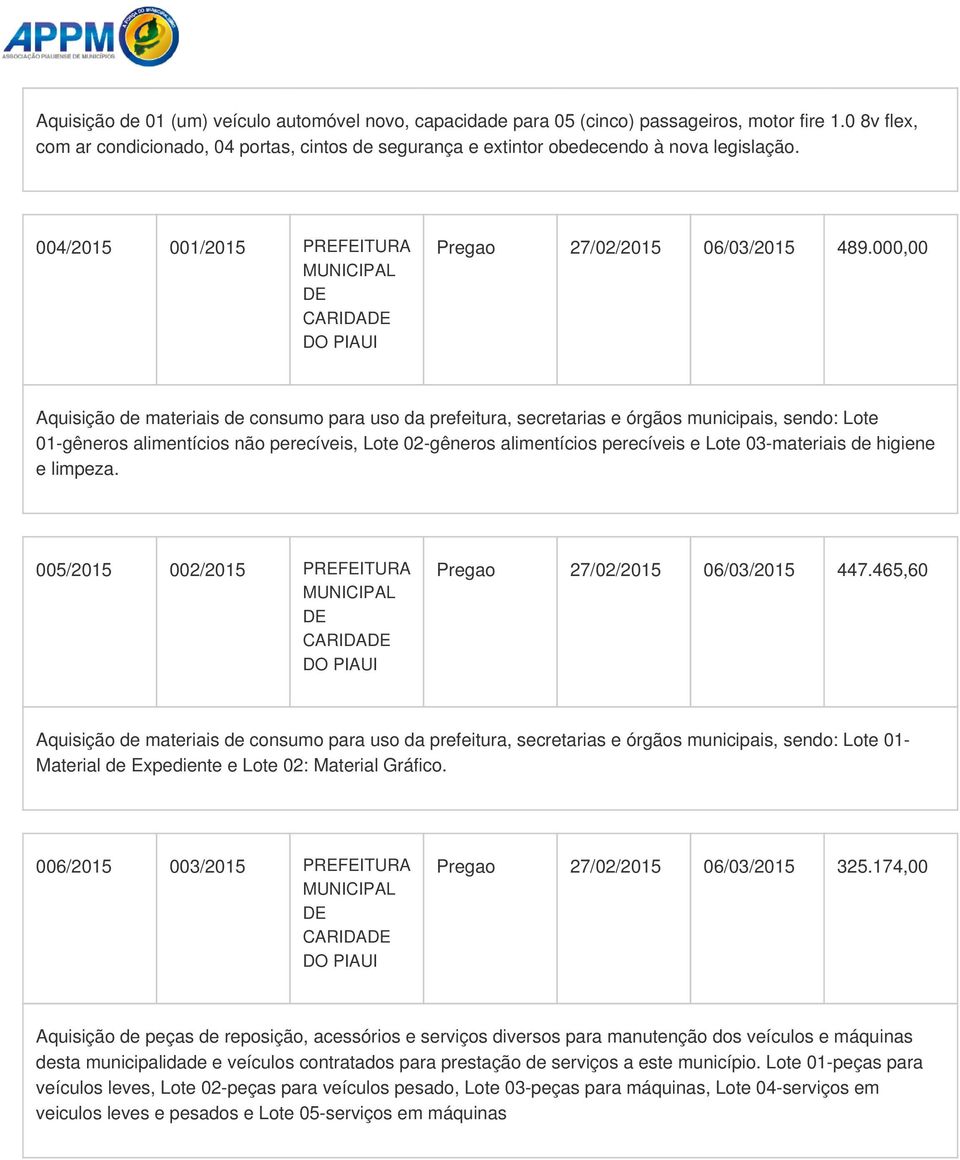 000,00 Aquisição de materiais de consumo para uso da prefeitura, secretarias e órgãos municipais, sendo: Lote 01-gêneros alimentícios não perecíveis, Lote 02-gêneros alimentícios perecíveis e Lote