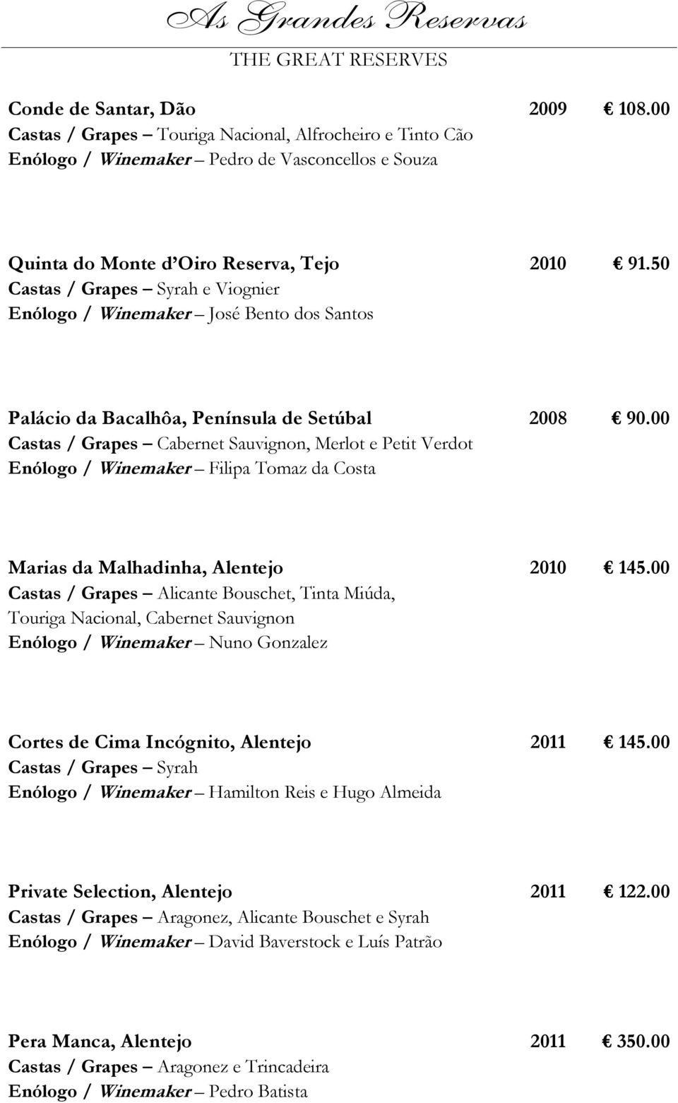 50 Palácio da Bacalhôa, Península de Setúbal Castas / Grapes Cabernet Sauvignon, Merlot e Petit Verdot Enólogo / Winemaker Filipa Tomaz da Costa 2008 90.