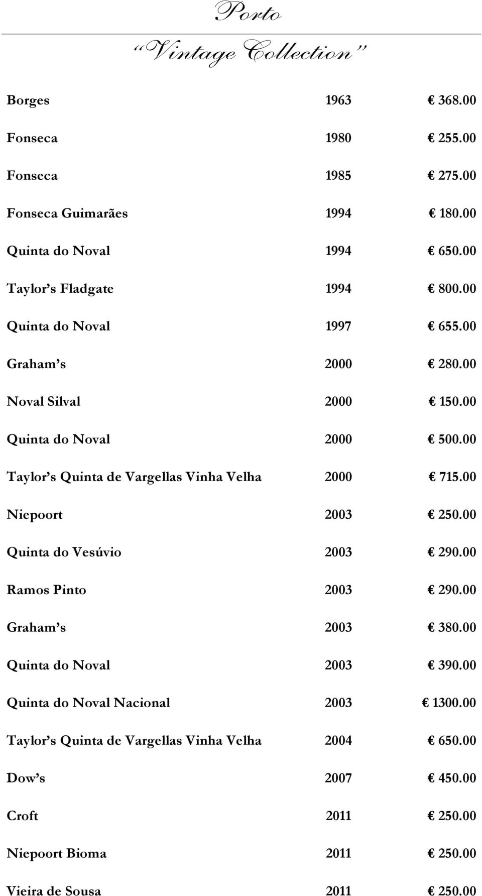 00 Taylor s Quinta de Vargellas Vinha Velha 2000 715.00 Niepoort 2003 250.00 Quinta do Vesúvio 2003 290.00 Ramos Pinto 2003 290.00 Graham s 2003 380.