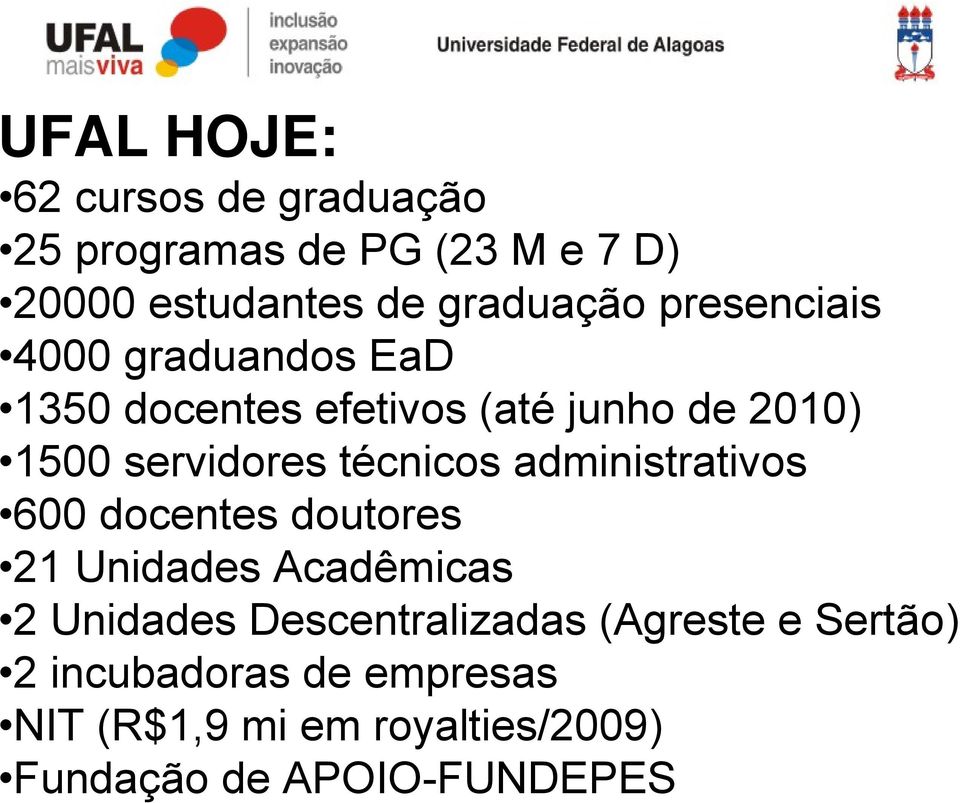 técnicos administrativos 600 docentes doutores 21 Unidades Acadêmicas 2 Unidades Descentralizadas