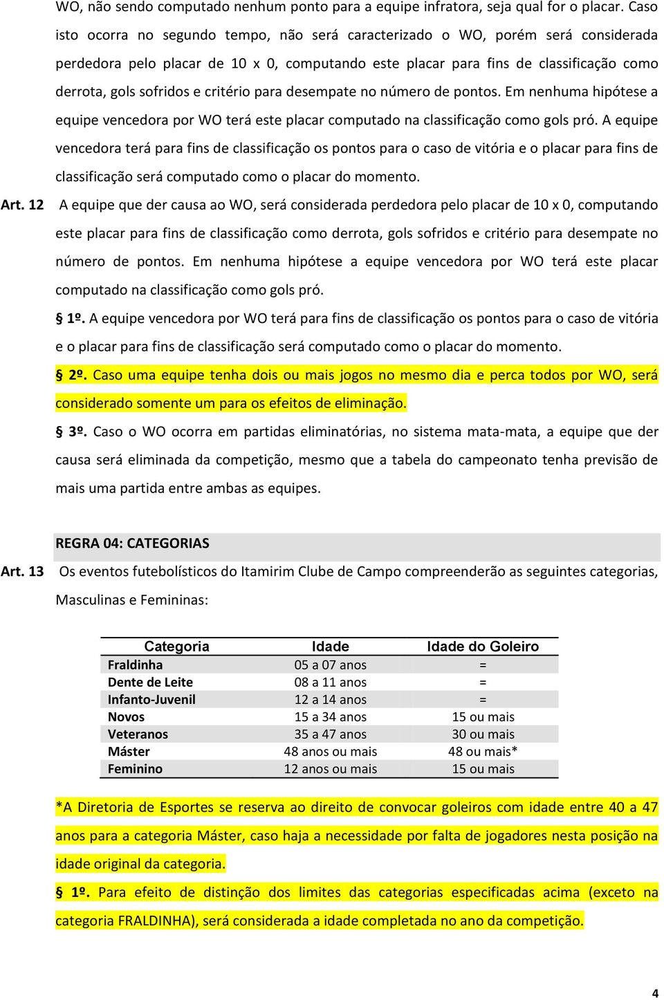 critério para desempate no número de pontos. Em nenhuma hipótese a equipe vencedora por WO terá este placar computado na classificação como gols pró.