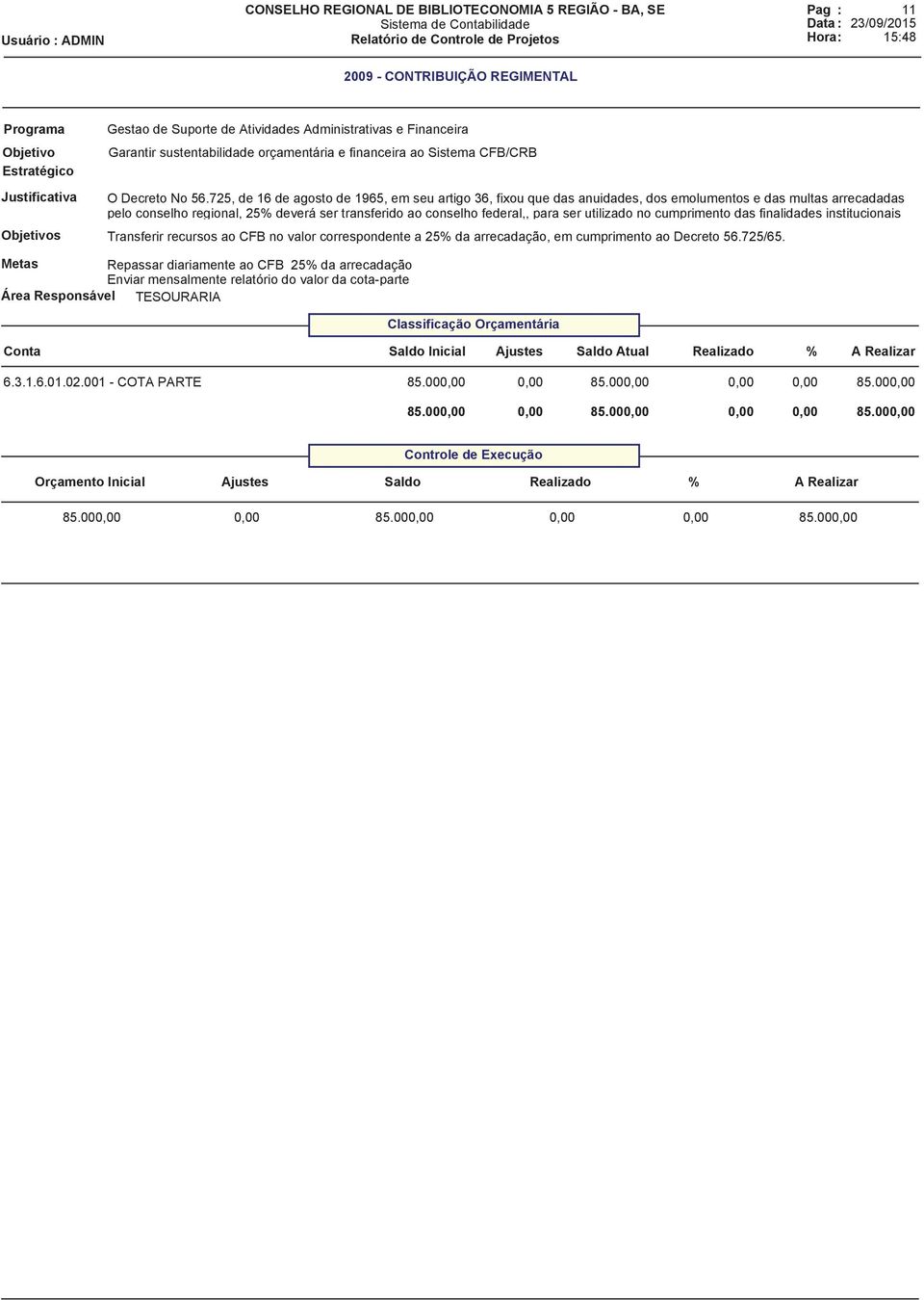 utilizado no cumprimento das finalidades institucionais s Transferir recursos ao CFB no valor correspondente a 25% da arrecadação, em cumprimento ao Decreto 56.725/65.