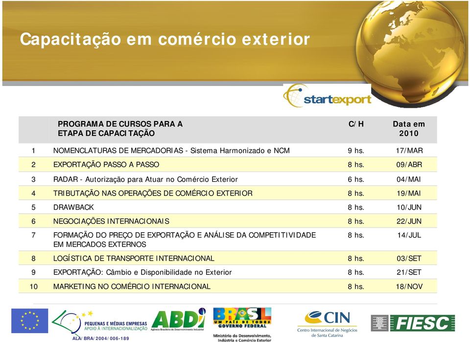 19/MAI 5 DRAWBACK 8 hs. 10/JUN 6 NEGOCIAÇÕES INTERNACIONAIS 8 hs. 22/JUN 7 FORMAÇÃO DO PREÇO DE EXPORTAÇÃO E ANÁLISE DA COMPETITIVIDADE EM MERCADOS EXTERNOS 8 hs.