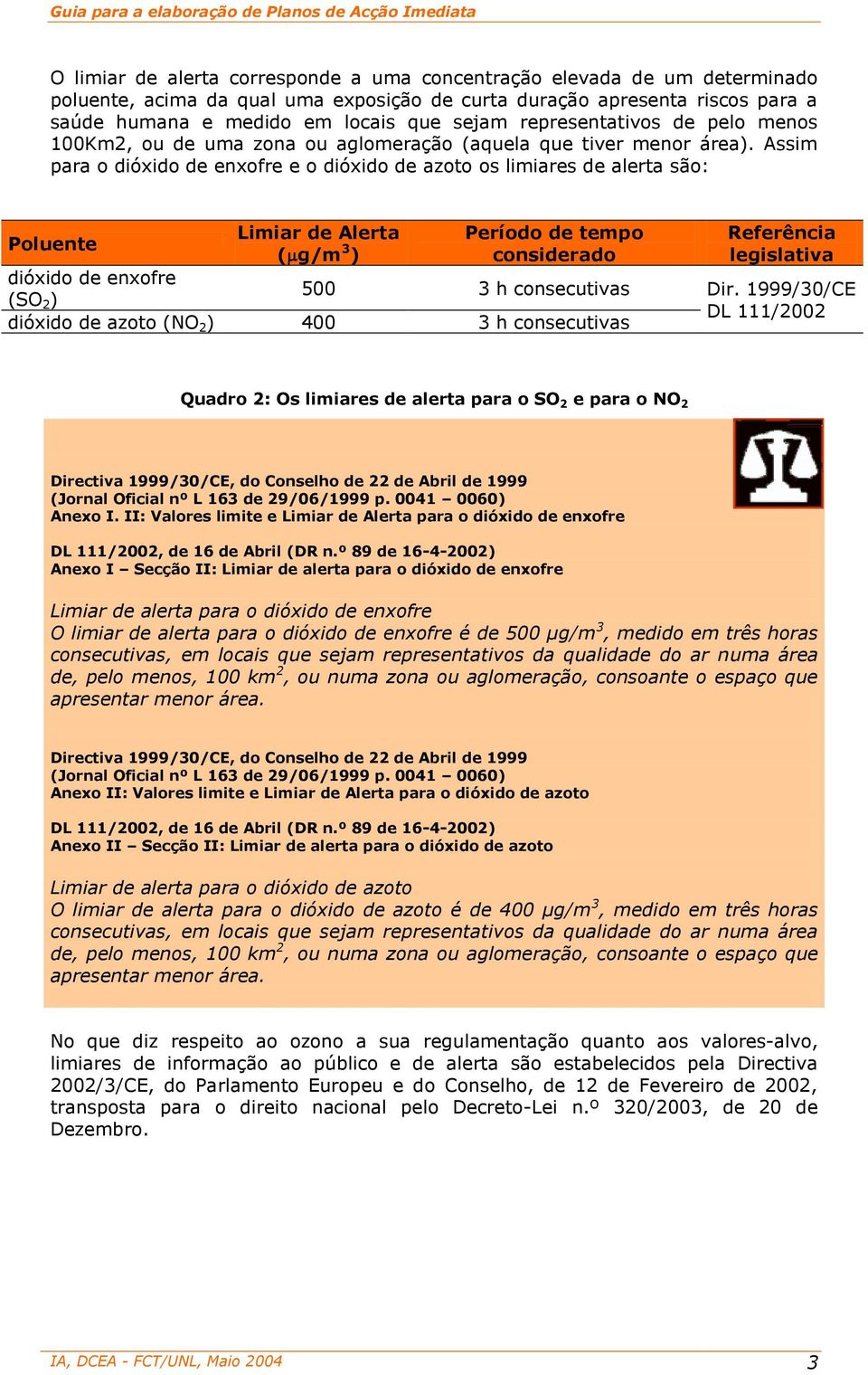 Assim para o dióxido de enxofre e o dióxido de azoto os limiares de alerta são: Poluente Limiar de Alerta ( g/m 3 ) Período de tempo considerado Referência legislativa dióxido de enxofre 500 3 h