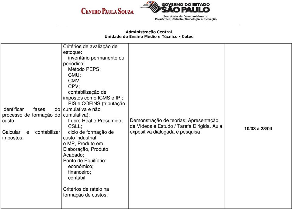 (tributação cumulativa e não cumulativa); Lucro Real e Presumido; CSLL; ciclo de formação de custo industrial: o MP, Produto em Elaboração, Produto