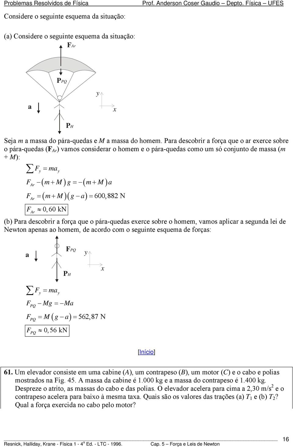 forç que o pár-queds eerce sobre o hoe, vos plicr segund lei de ewton pens o hoe, de cordo co o seguinte esque de forçs: Q H = Q Mg = M Q ( ) 56,87 = M g = Q 0,56 k 6.