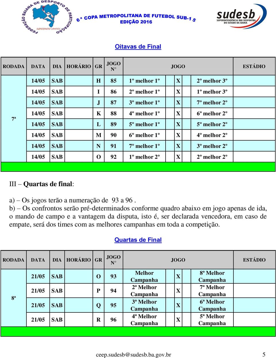 de final: a) Os jogos terão a numeração de 93 a 96.