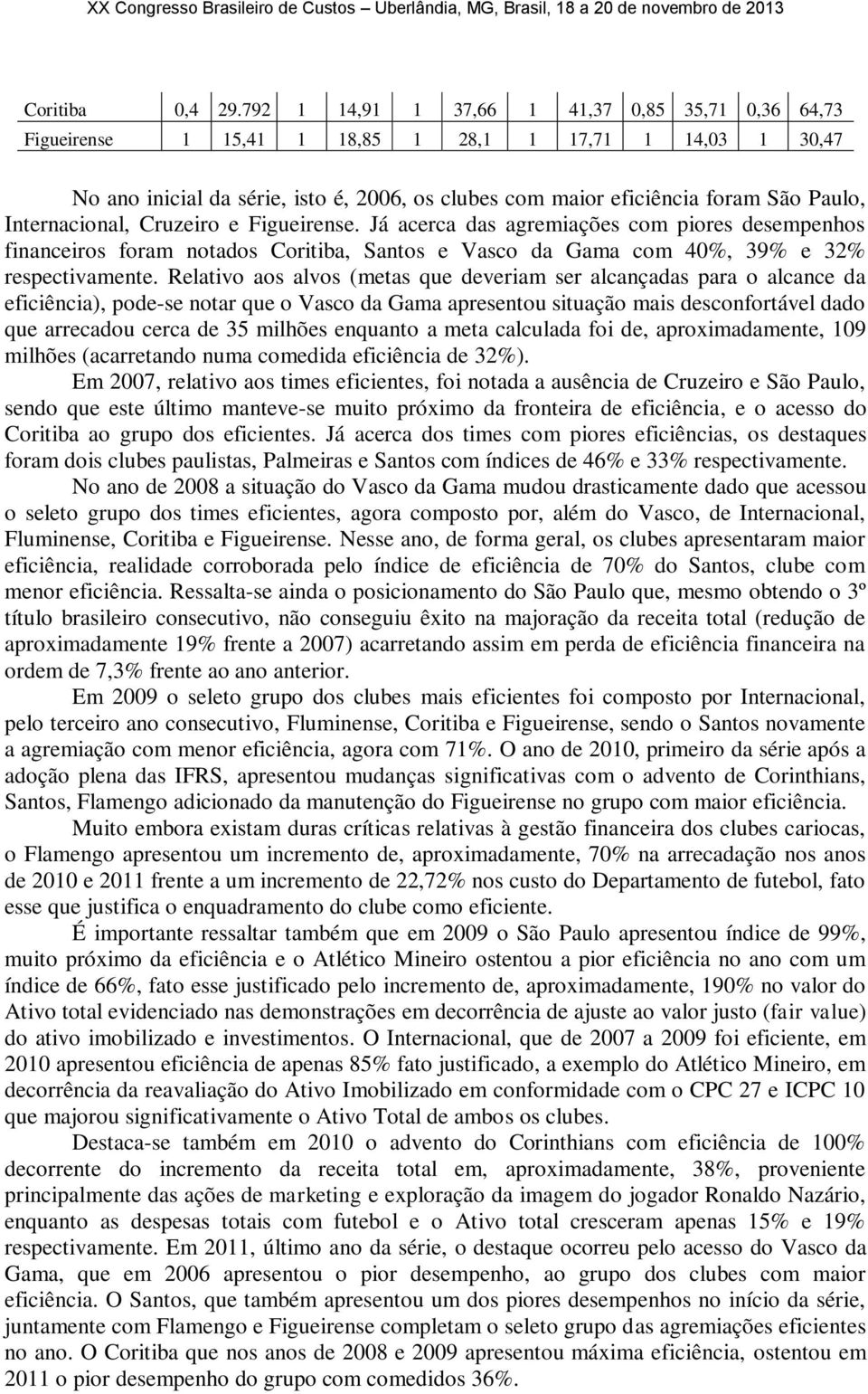 Internacional, Cruzeiro e Figueirense. Já acerca das agremiações com piores desempenhos financeiros foram notados Coritiba, Santos e Vasco da Gama com 40%, 39% e 32% respectivamente.