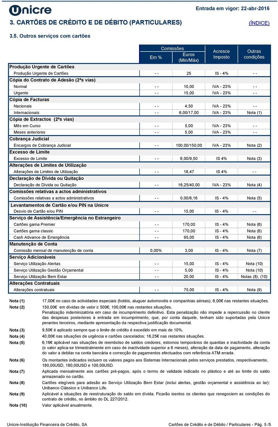 Facturas Nacionais 4,50 IVA - 23% Internacionais Cópia de Extractos (2ªs vias) 6,00/17,00 IVA - 23% Mês em Curso 5,00 IVA - 23% Meses anteriores 5,00 IVA - 23% Cobrança Judicial Encargos de Cobrança