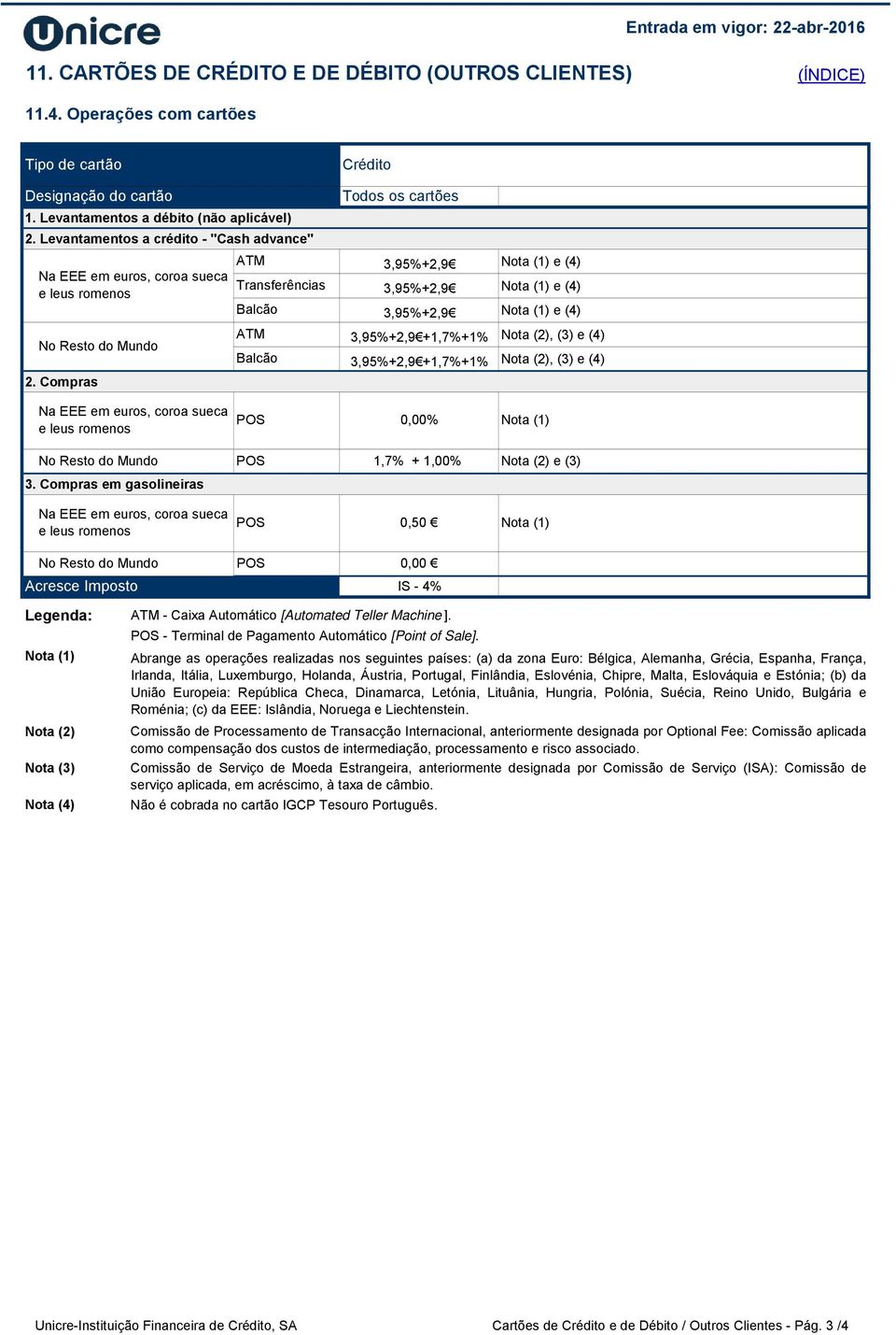 +1,7%+1% 2. Compras e (4) e (4) e (4), (3) e (4), (3) e (4) Na EEE em euros, coroa sueca e leus romenos POS 0,00% No Resto do Mundo POS 1,7% + 1,00% e (3) 3.