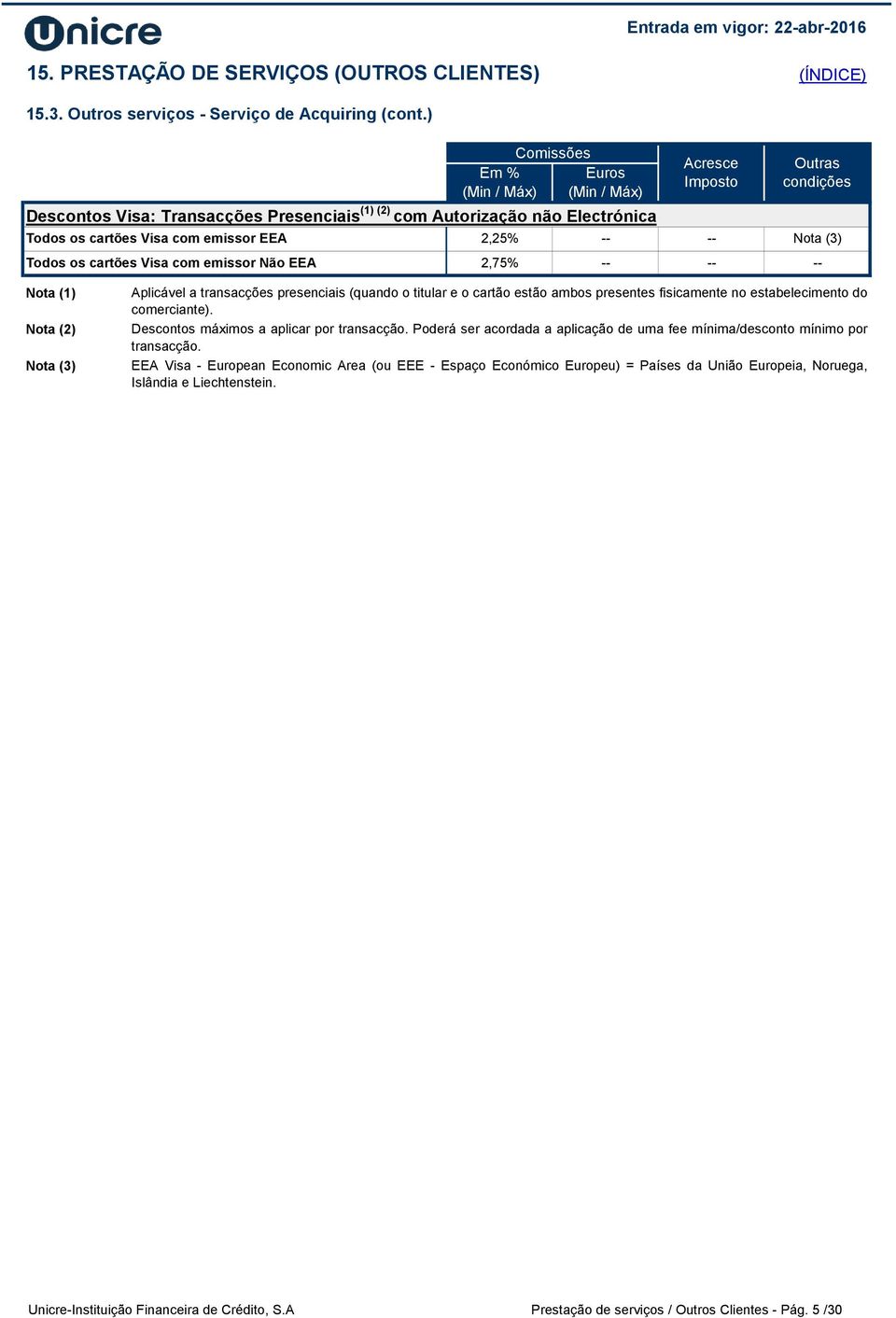 Descontos máximos a aplicar por transacção. Poderá ser acordada a aplicação de uma fee mínima/desconto mínimo por transacção.