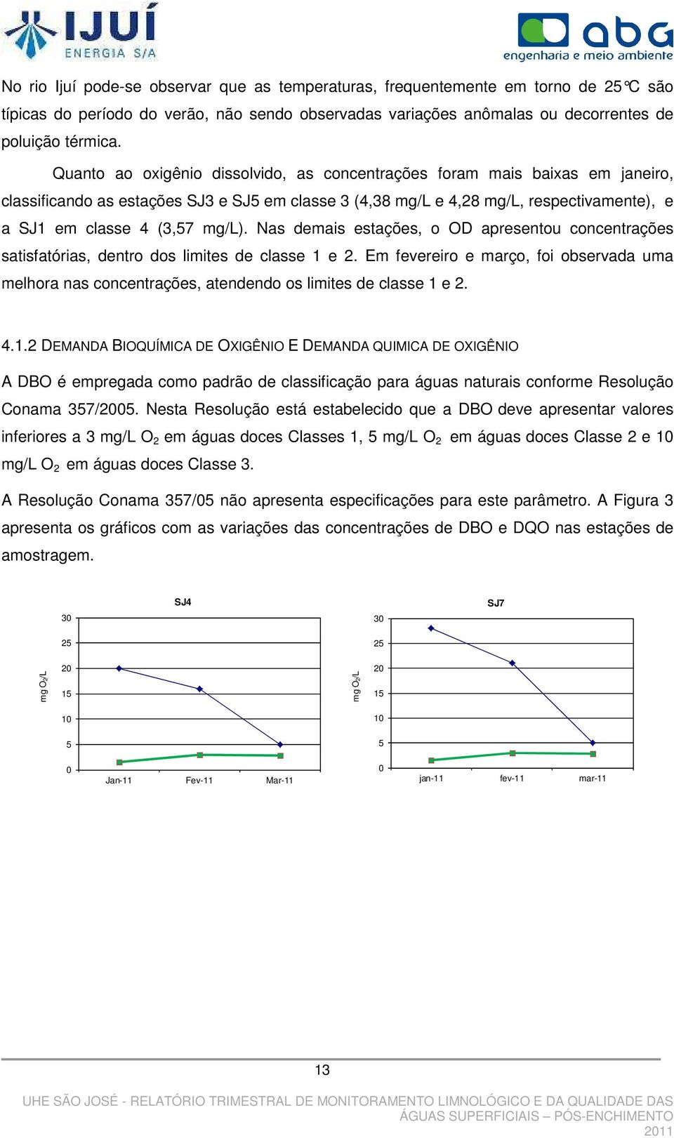 Nas demais estações, o OD apresentou concentrações satisfatórias, dentro dos limites de classe 1 e 2.