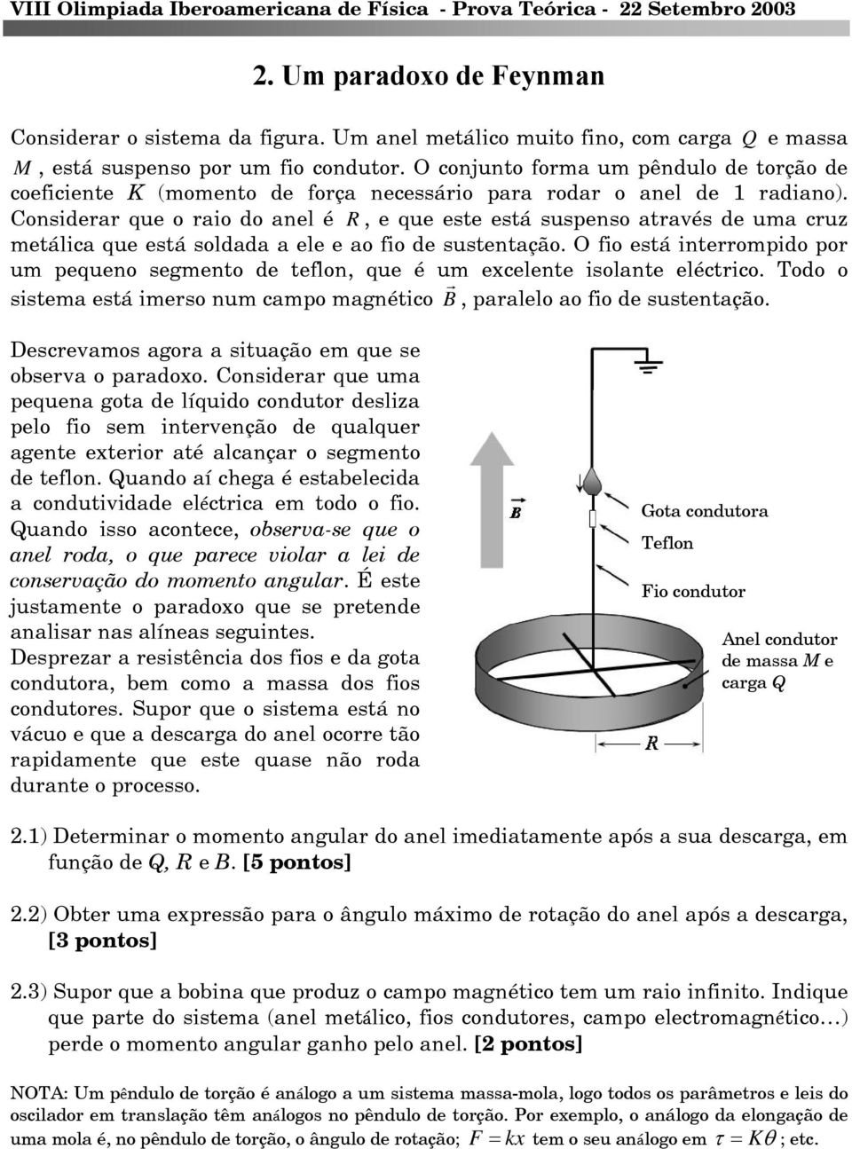 Considerar que o raio do anel é R, e que este está suspenso através de uma cruz metálica que está soldada a ele e ao fio de sustentação.