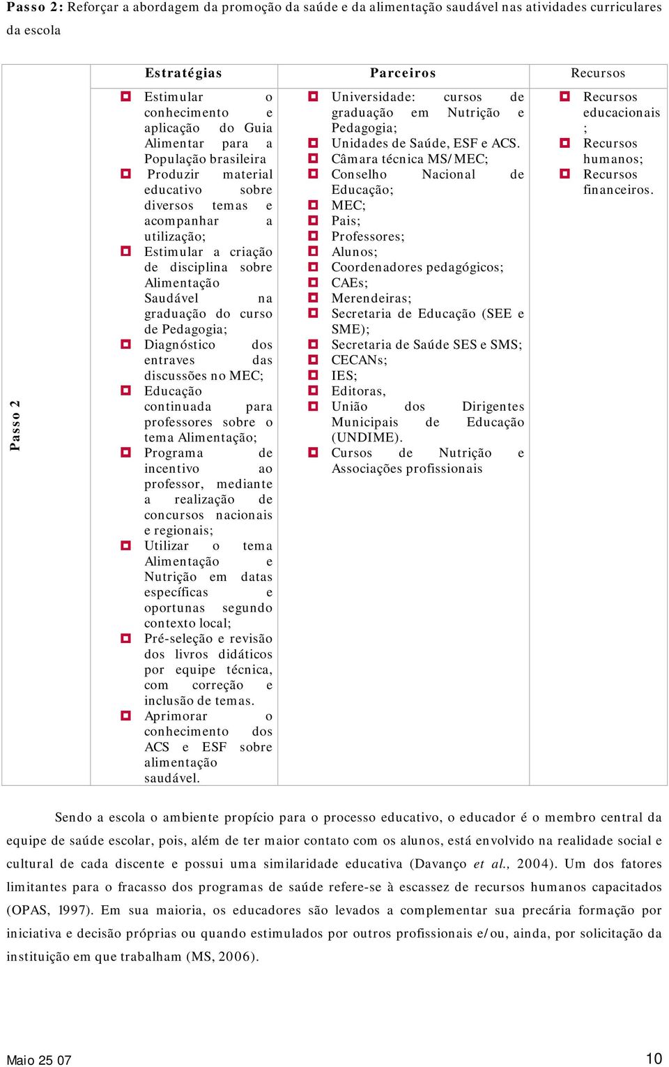 curso de Pedagogia; Diagnóstico dos entraves das discussões no MEC; Educação continuada para professores sobre o tema Alimentação; Programa de incentivo ao professor, mediante a realização de