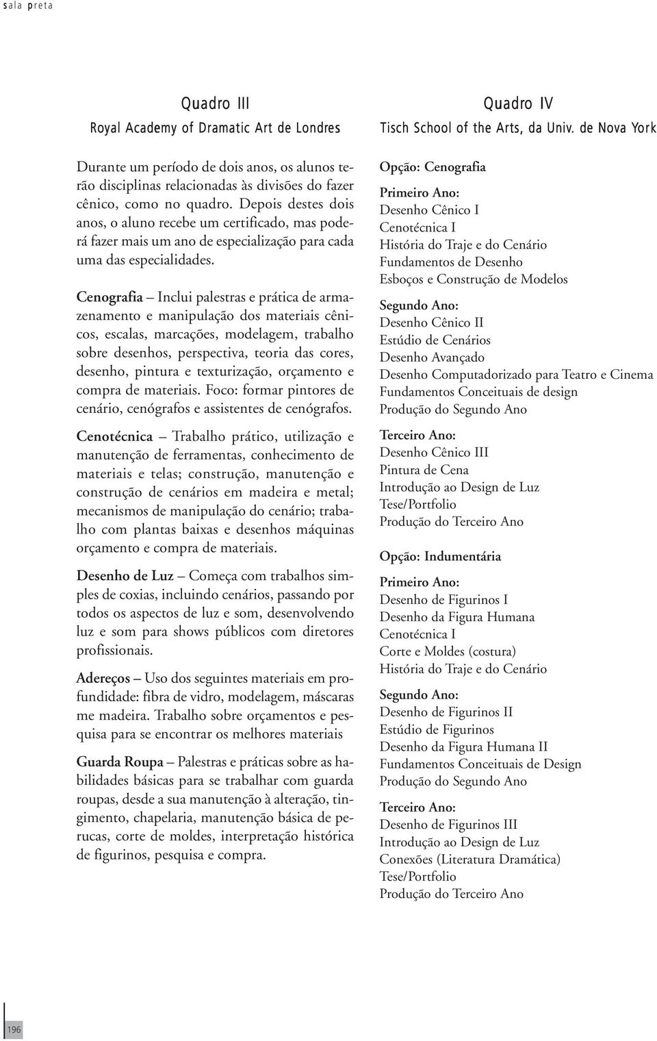 Cenografia Inclui palestras e prática de armazenamento e manipulação dos materiais cênicos, escalas, marcações, modelagem, trabalho sobre desenhos, perspectiva, teoria das cores, desenho, pintura e