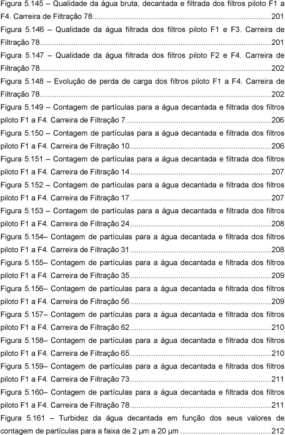 Carreira de Filtração 78... 22 Figura 5.149 Contagem de partículas para a água decantada e filtrada dos filtros piloto F1 a F4. Carreira de Filtração 7... 26 Figura 5.