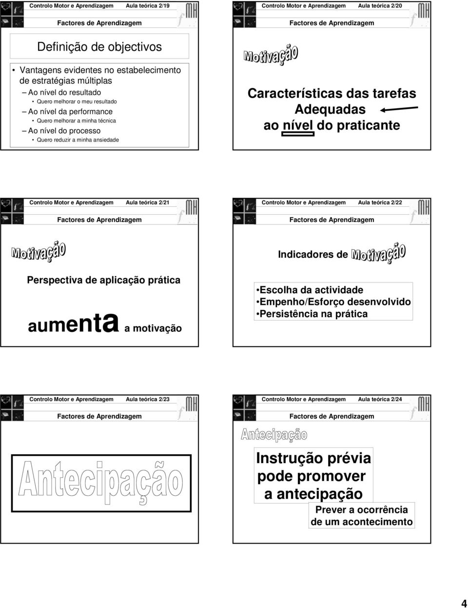 Aprendizagem Aula teórica 2/21 Controlo Motor e Aprendizagem Aula teórica 2/22 Indicadores de Perspectiva de aplicação prática aumenta a motivação Escolha da actividade Empenho/Esforço desenvolvido