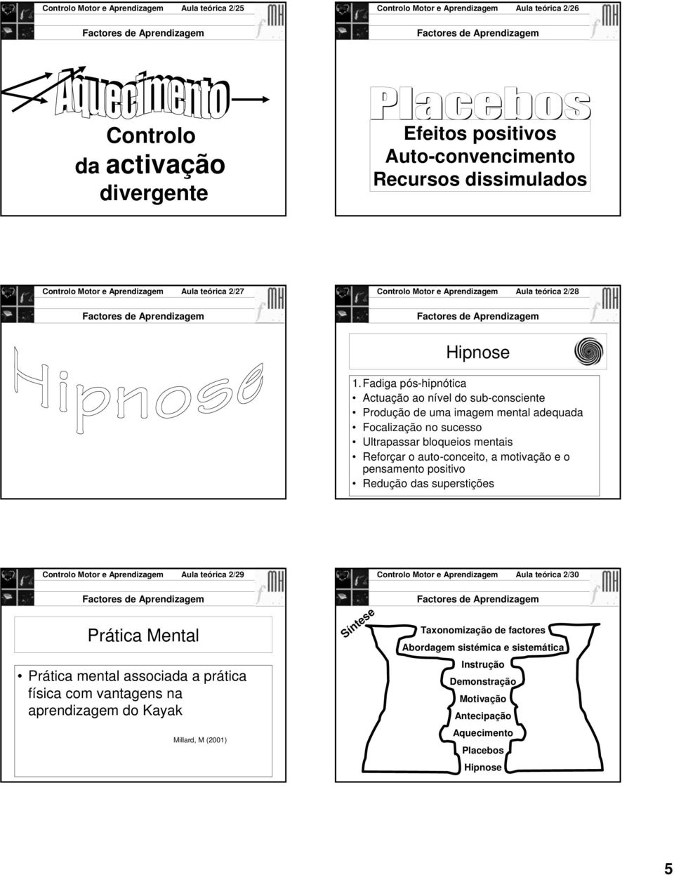 Fadiga pós-hipnótica Actuação ao nível do sub-consciente Produção de uma imagem mental adequada Focalização no sucesso Ultrapassar bloqueios mentais Reforçar o auto-conceito, a motivação e o