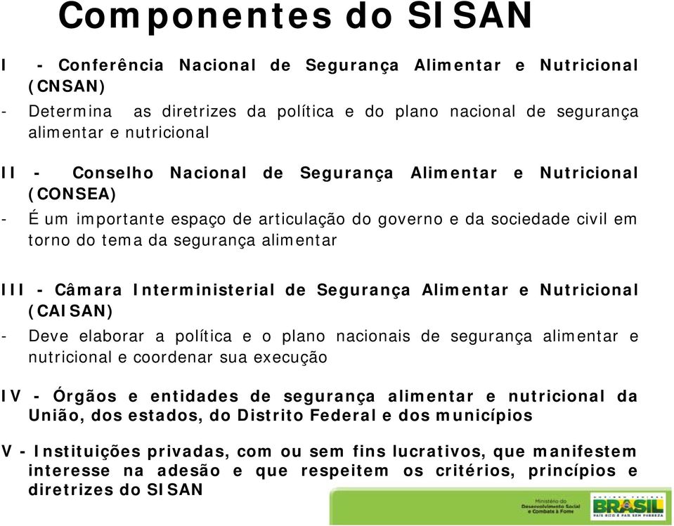 Segurança Alimentar e Nutricional (CAISAN) - Deve elaborar a política e o plano nacionais de segurança alimentar e nutricional e coordenar sua execução IV - Órgãos e entidades d de segurança