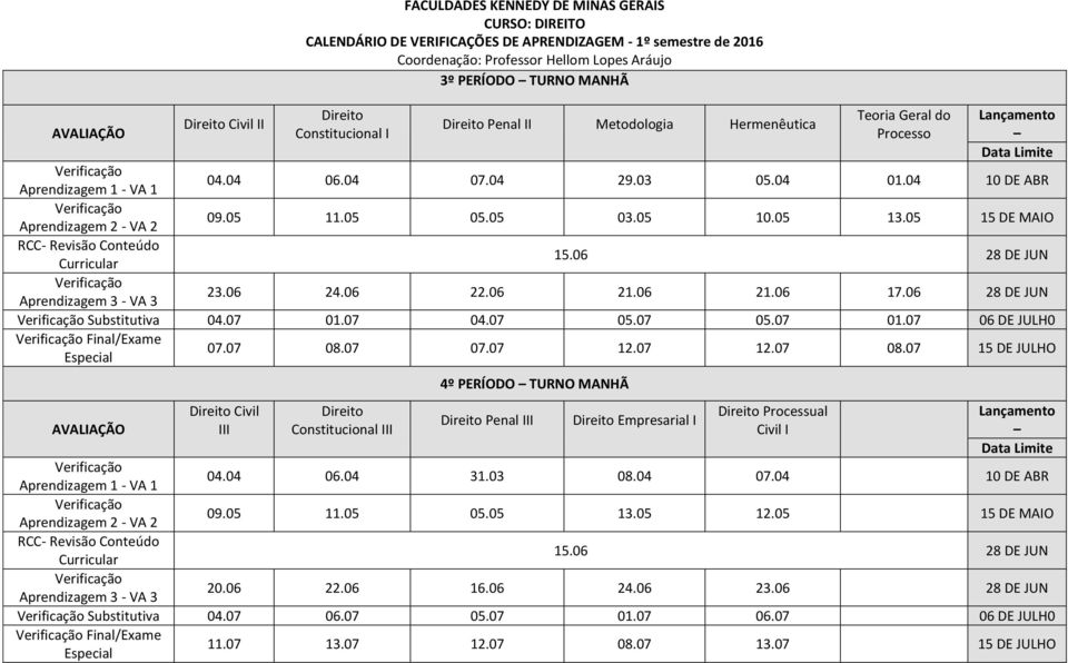 07 12.07 08.07 15 DE JULHO Civil III Constitucional III 4º PERÍODO TURNO MANHÃ Penal III Empresarial I Processual Civil I 04.04 06.04 31.03 08.04 07.04 10 DE ABR 09.05 11.