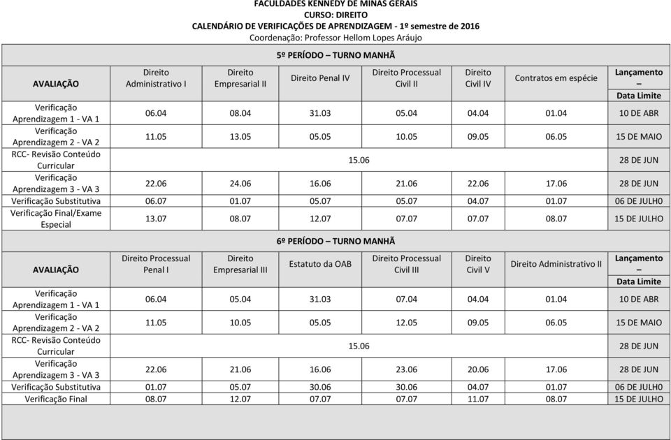 07 12.07 07.07 07.07 08.07 15 DE JULHO Processual Penal I Empresarial III 6º PERÍODO TURNO MANHÃ Estatuto da OAB Processual Civil III Civil V Administrativo II 06.04 05.04 31.03 07.04 04.