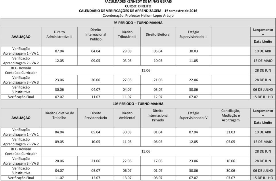 07 15 DE JULHO Coletivo do Trabalho Previdenciário 10º PERÍODO TURNO MANHÃ Ambiental Internacional Privado Supervisionado IV Conciliação, Mediação e Arbitragem 04.04 05.04 30.03 01.04 07.04 31.