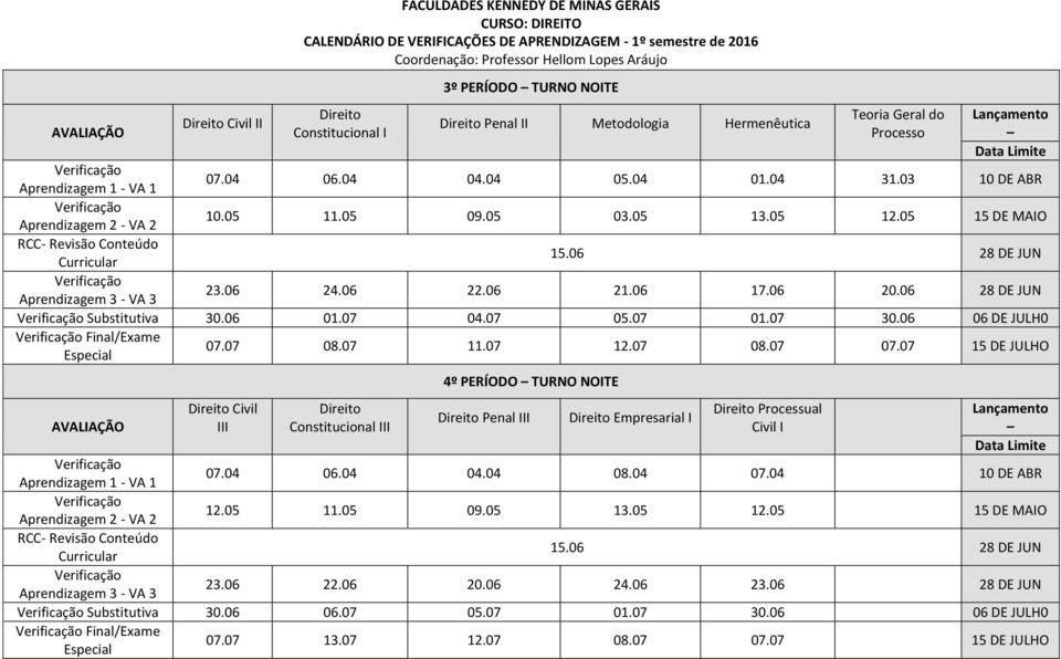 07 08.07 07.07 15 DE JULHO Civil III Constitucional III 4º PERÍODO TURNO NOITE Penal III Empresarial I Processual Civil I 07.04 06.04 04.04 08.04 07.04 10 DE ABR 12.05 11.