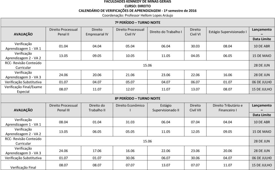 07 15 DE JULHO Processual Penal III do Trabalho II 8º PERÍODO TURNO NOITE Econômico I Supervisionado II Civil VII Tributário e Financeiro I 08.04 01.04 31.03 06.04 07.04 04.04 10 DE ABR 13.