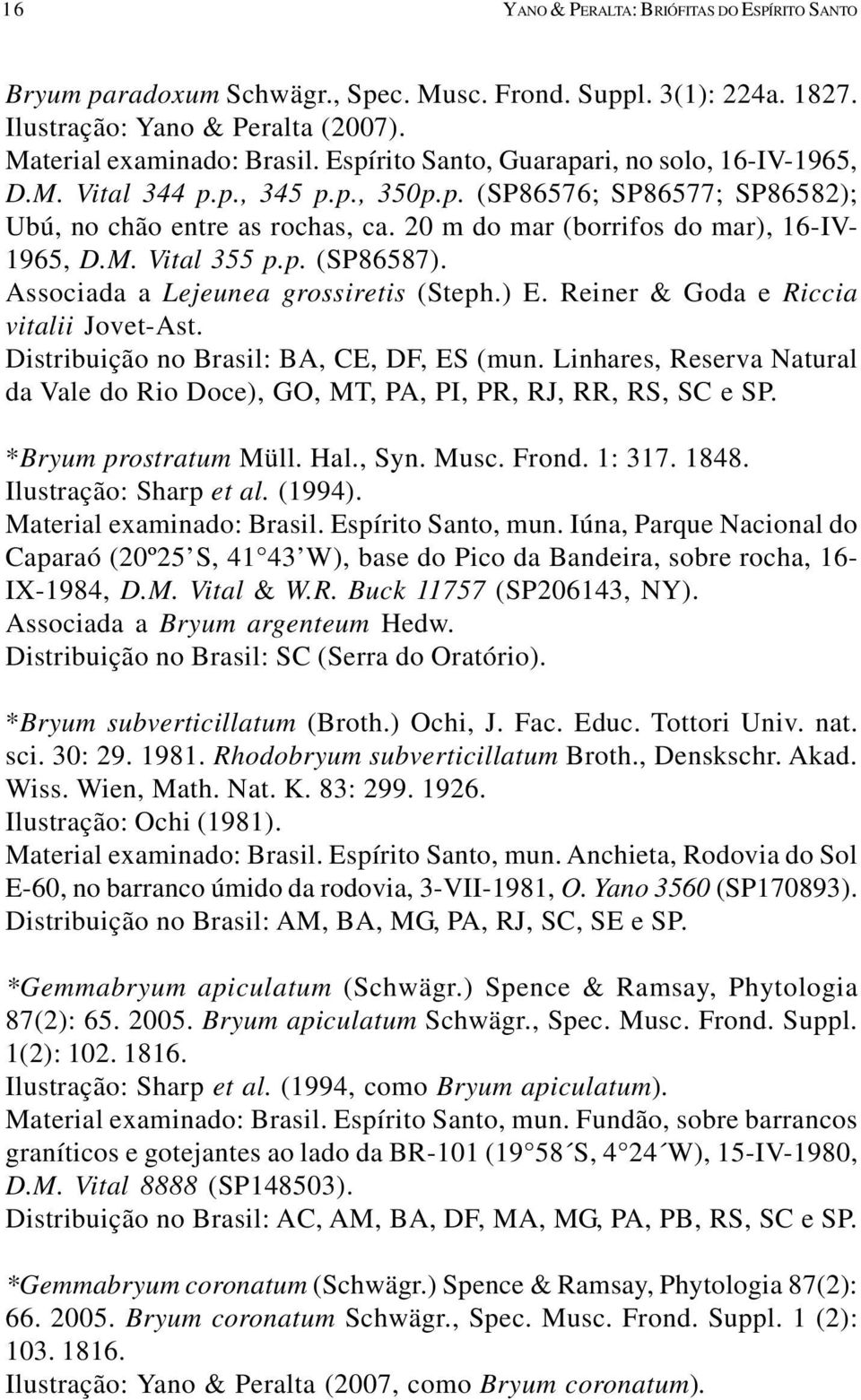 p. (SP86587). Associada a Lejeunea grossiretis (Steph.) E. Reiner & Goda e Riccia vitalii Jovet-Ast. Distribuição no Brasil: BA, CE, DF, ES (mun.