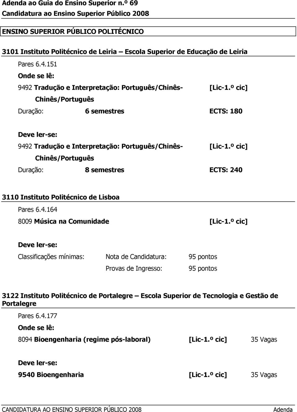 º cic] Chinês/Português Duração: 8 semestres ECTS: 240 3110 Instituto Politécnico de Lisboa Pares 6.4.164 8009 Música na Comunidade [Lic-1.