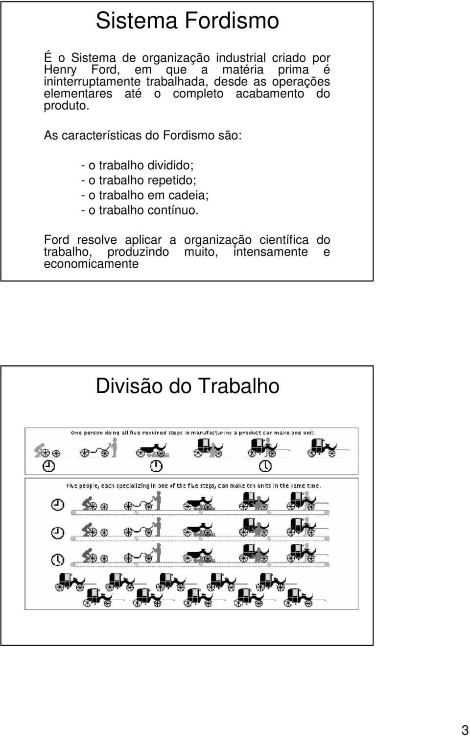 As características do Fordismo são: - o trabalho dividido; - o trabalho repetido; - o trabalho em cadeia; - o