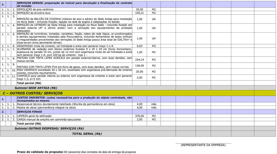 REMOÇÃO de LETREIRO da Sede Antiga para instalação na Nova Sede - incluindo fixação em parede externa (4º e último andar) com a utilização dos equipamentos de proteção 1,00 UN adequados 1. 1. 5.