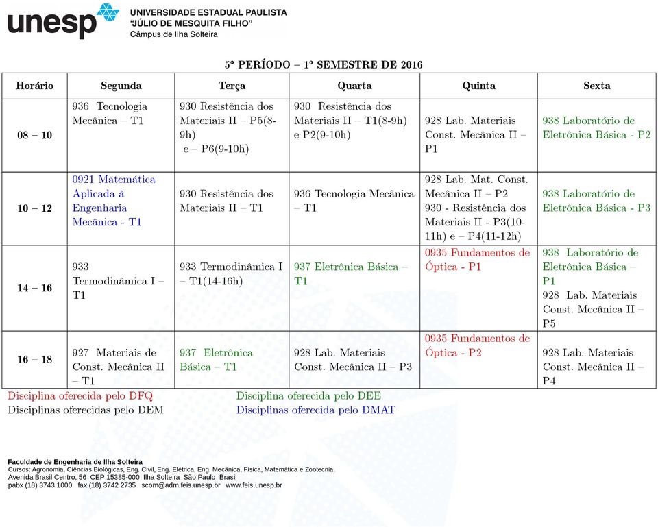 Mecânica II Disciplina oferecida pelo DFQ Disciplinas oferecidas pelo DEM 930 Resistência dos Materiais II 933 Termodinâmica I (14-16h) 937 Eletrônica Básica 936 Tecnologia Mecânica 937 Eletrônica