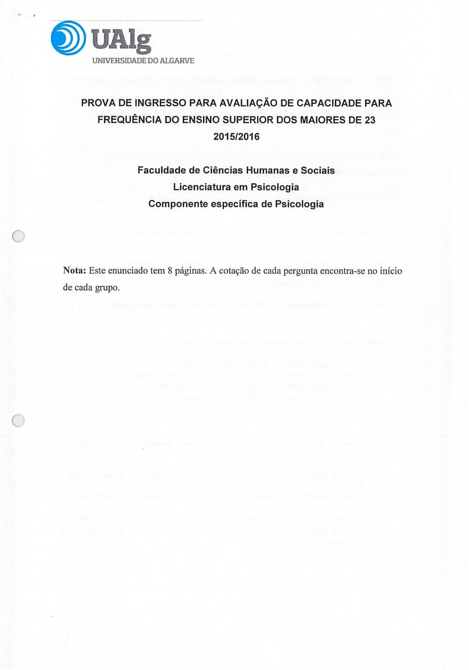 Humanas e Sociais Licenciatura em Psicologia Componente específica de Psicologia