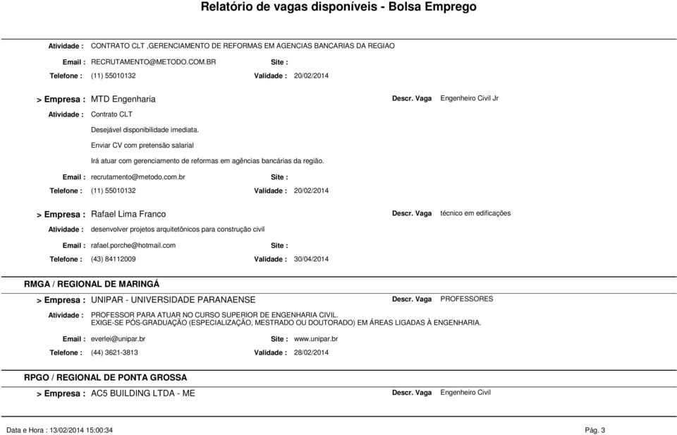 Enviar CV com pretensão salarial Irá atuar com gerenciamento de reformas em agências bancárias da região. Email : recrutamento@metodo.com.br Telefone : (11) 55010132 Validade : 20/02/2014 Rafael Lima Franco técnico em edificações desenvolver projetos arquitetônicos para construção civil Email : rafael.