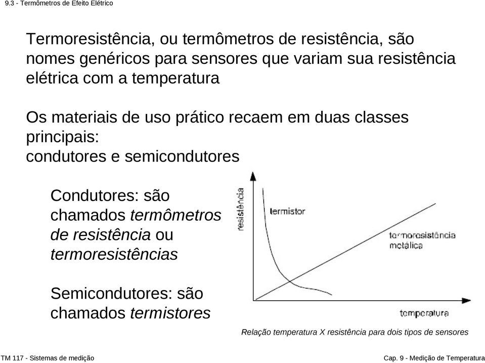 duas classes principais: condutores e semicondutores Condutores: são chamados termômetros de resistência ou